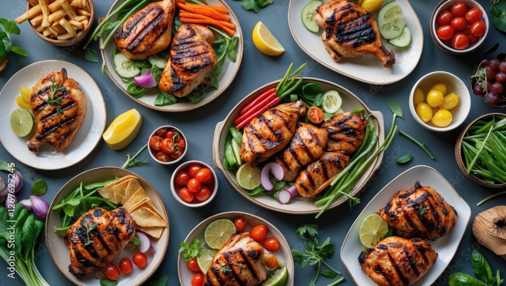 Poster grilled chicken dishes with fresh vegetables assortment on table top view healthy eating concept wit