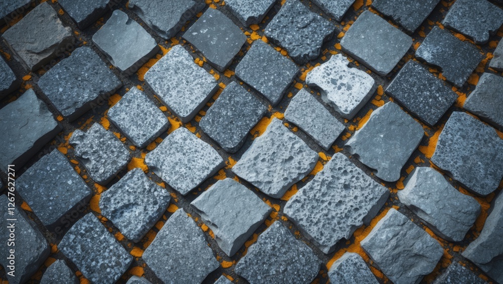 Poster granite cobblestone pavement surface with intricate textures and varying shades of grey for architec