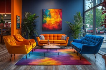 Stylish modern living room with colorful furniture and vibrant artwork, showcasing a cozy atmosphere