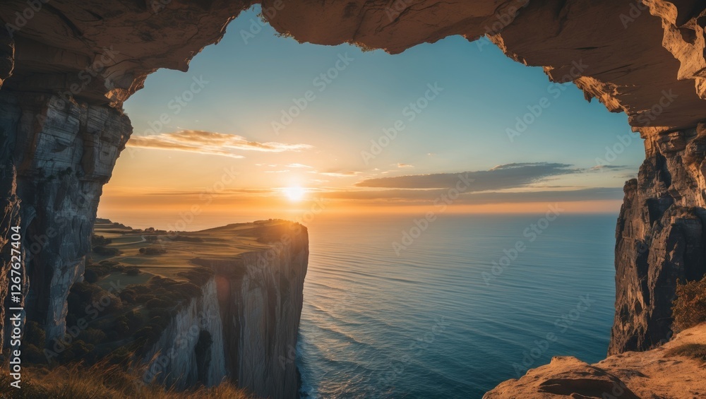 Poster sunrise over cliff's edge framed by rock formation with tranquil sea view creating a serene morning 