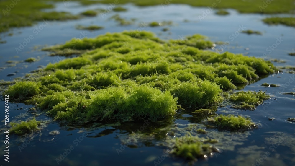 Poster lush green algae infestation on calm water surface creating a vibrant mossy texture ideal for natura