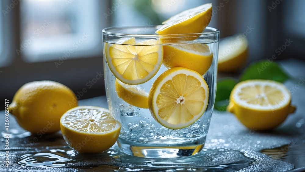 Poster refreshing glass of water with lemon slices surrounded by fresh lemons on a rustic tabletop