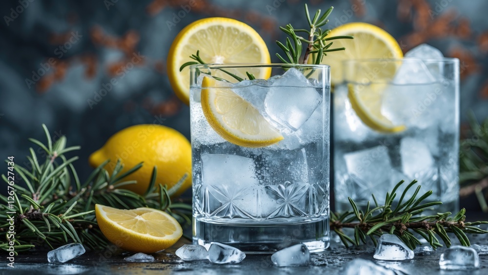 Aufkleber Refreshing Gin and Tonic with Ice Lemon and Juniper on a Dark Background for a Stylish Beverage Presentation