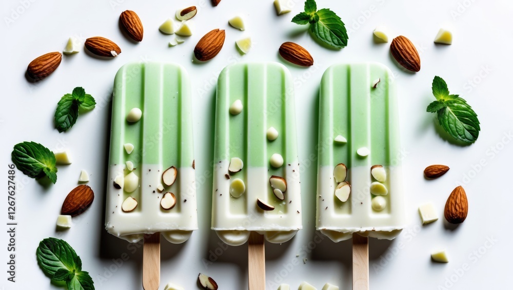 Aufkleber Mint Popsicles Dipped in White Chocolate with Almonds on a White Background and Empty Space for Custom Text or Branding