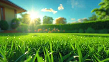 Lush Green Grass Bathed in Morning Sunlight with a Vibrant Backyard Landscape in a Serene Setting