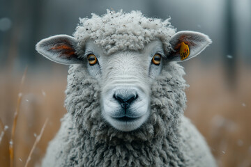Fototapeta premium Ethereal Portrait of a Sheep with Golden Eyes in a Snowy Landscape