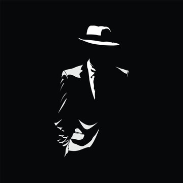 Dark Mystery Man vector Illustration, a silhouette Man with Hat and suit vector illustration