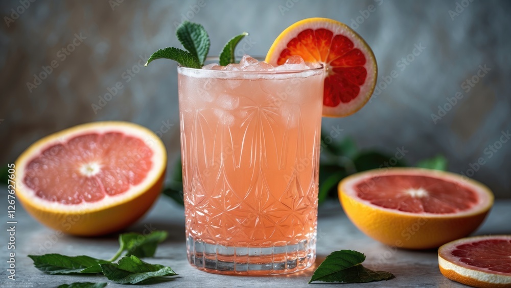 Poster refreshing grapefruit mocktail in a crystal glass surrounded by fresh citrus slices and mint leaves