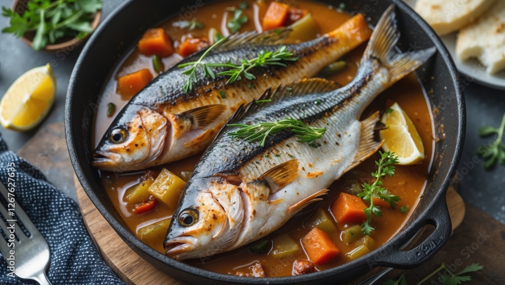 Aufkleber grilled fish served in a rich vegetable stew with fresh herbs and lemon on a rustic wooden table ide