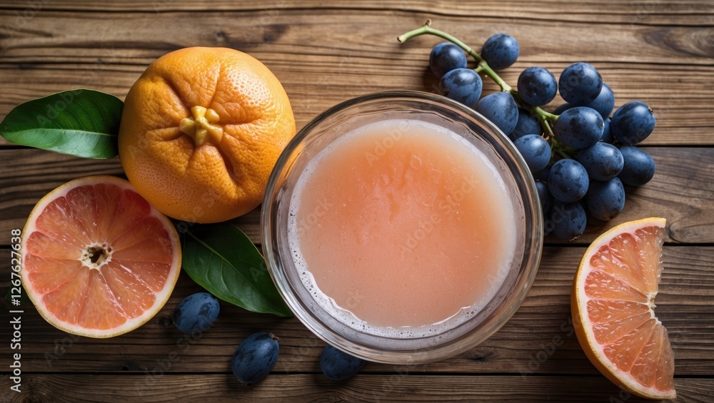 Poster fresh grapefruit juice with whole grapefruit and blueberries on a rustic wooden table healthy refres