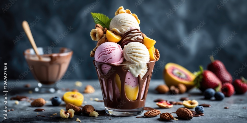 Aufkleber delicious ice cream sundae in a glass vase with fruits and nuts drizzled with chocolate, featuring a