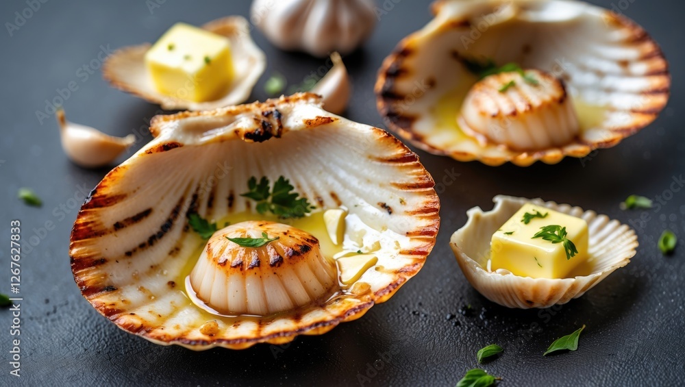 Poster grilled scallops served with butter and garlic in their shells on a dark background with space for t