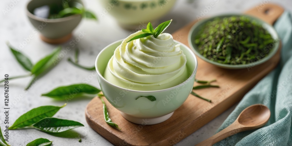 Aufkleber green tea soft serve in a bowl garnished with fresh leaves on a wooden board with copy space for tex