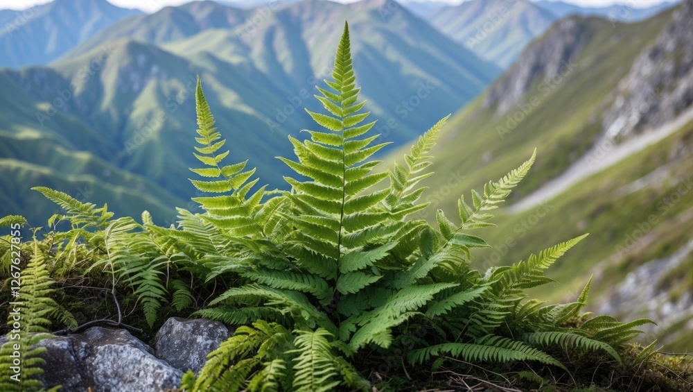 Aufkleber vibrant green fern growing on a mountain with expansive view and space for text overlay