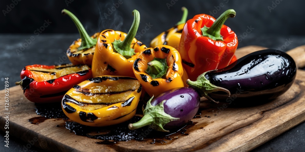 Aufkleber grilled colorful peppers and eggplants on wooden board with steam and space for copy in culinary pre
