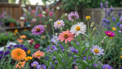 Fototapeta premium Vibrant flower garden in a backyard with a variety of colorful blooms creating a lively and picturesque outdoor setting.