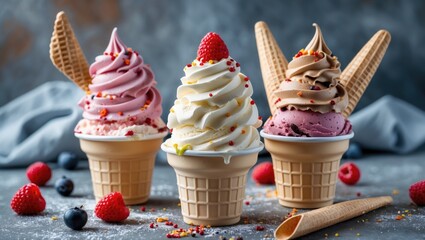 Colorful Gelato Ice Cream Cones with Fresh Berries and Waffle Decor for Delicious Summer Treats