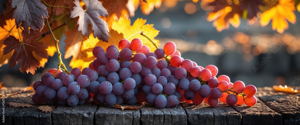 Leinwandbilder Autumn Grapes On Wooden Surface Surrounded By Colorful Leaves With Soft Light And Empty Space For Text Display