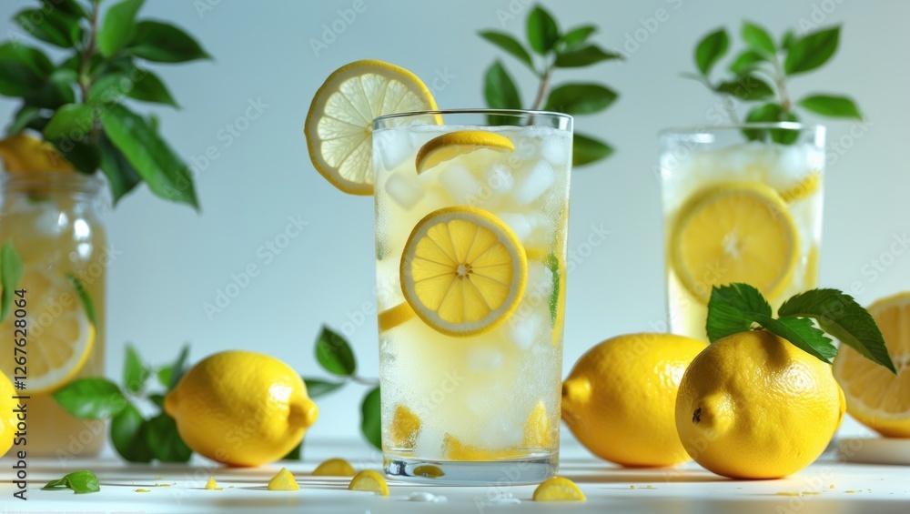 Poster fresh lemonade with ice and lemon slices surrounded by fresh lemons and mint leaves on light backgro