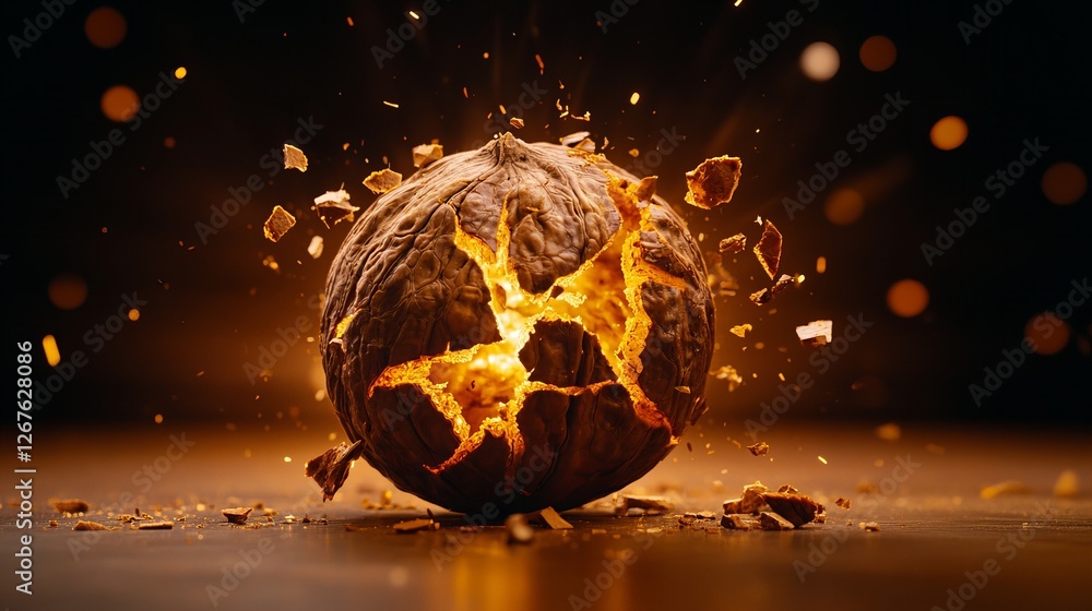 Poster a walnut explodes with inner light, fragments flying in a dramatic, dark setting. intense colors and