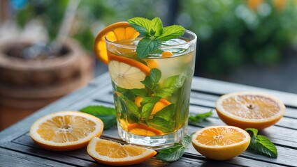 Fototapeta premium Refreshingly Cold Mint and Citrus Tea Served Outdoors with Fresh Ingredients and Sunlight