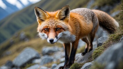 Fototapeta premium Wild Red Fox Walking Through Andes Mountains Surrounded by Nature and Rocks in a Scenic Landscape with Lush Greenery and Mountains in Background