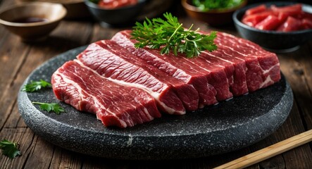 Juicy Raw Beef Slices on Stone Plate Garnished with Green Herbs for Sukiyaki, Shabu-Shabu, Yakiniku or Barbeque Cooking Delicacies