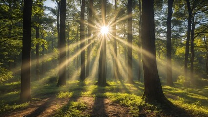 Obraz premium Sunlight Filtering Through Trees Creating Godrays In Lush Forest With Clear Space For Text Overlay