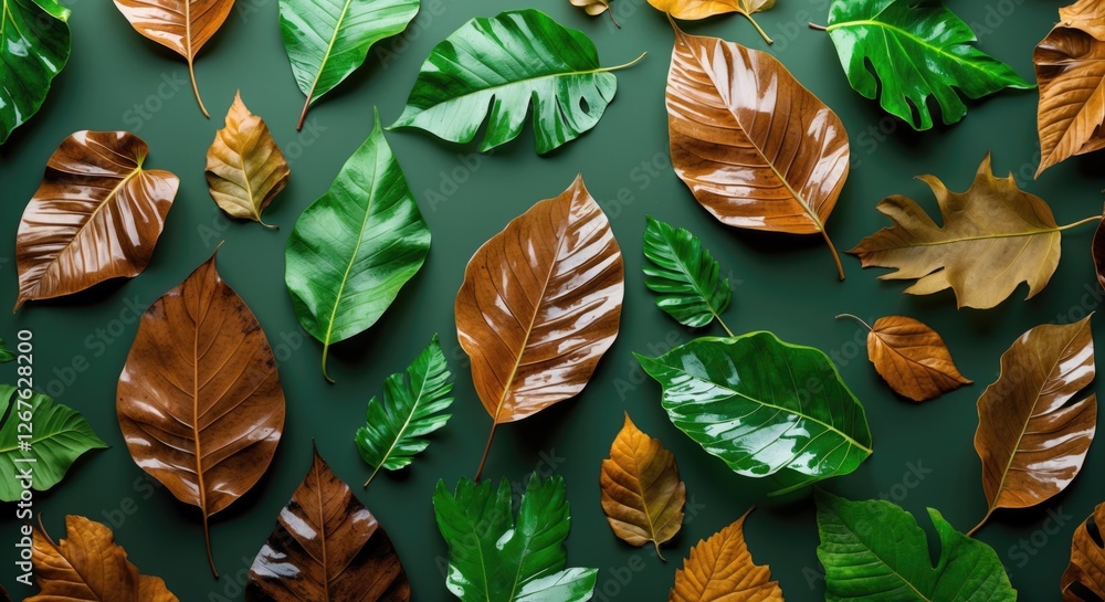 Poster vibrant assortment of green and brown leaves creating an elegant natural pattern on a dark backdrop 