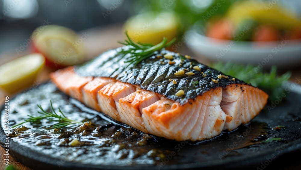 Poster grilled salmon fillet on a sizzling plate with herbs and lemon for a healthy meal concept. selective
