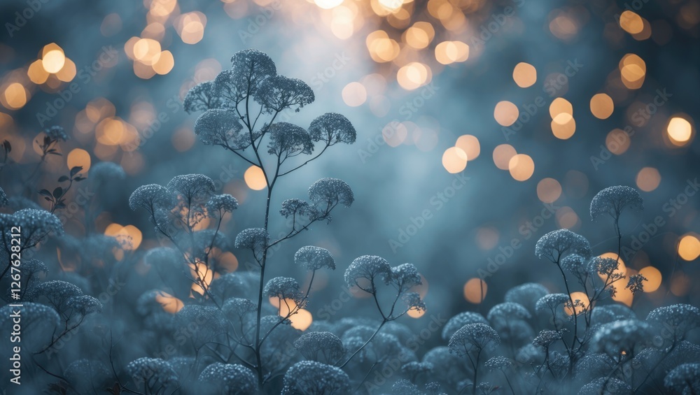 Poster Serene gray bokeh background featuring delicate foliage and soft golden lights creating an ethereal and calming atmosphere.