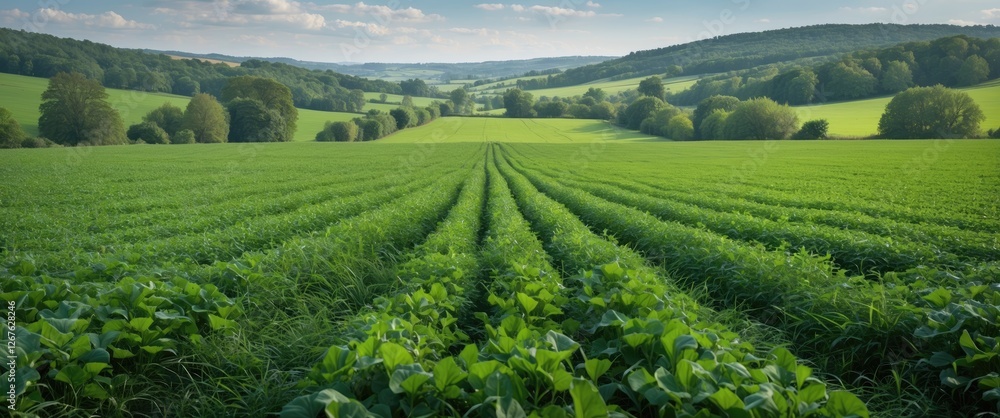 Poster lush green agricultural field landscape with rolling hills and open space for text overlay