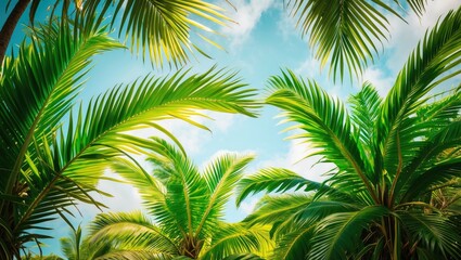 Fototapeta premium Tropical Palm Leaves Against a Bright Blue Sky Creating a Summer Vibe and Natural Feel for Relaxation and Adventure Themes