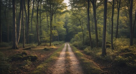 Obraz premium Serene Forest Pathway Through Lush Green Trees Inviting Tranquility and Peaceful Nature Experience