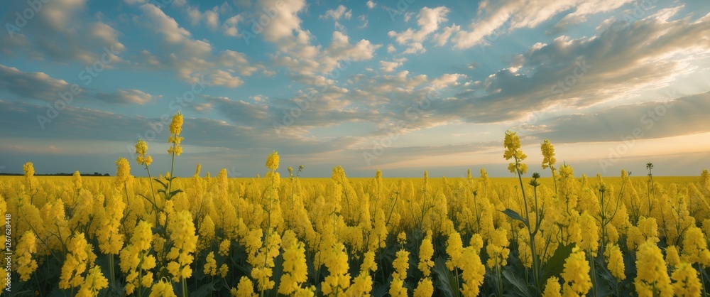 Aufkleber Vibrant Rapeseed Field Under Expansive Sky with Clouds and Copy Space for Text Ideal for Nature and Scenic Themes