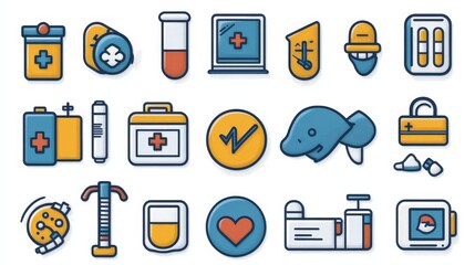 Collection of medical icons representing health, technology, and safety in a digital format