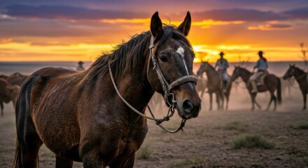Obraz premium Seasoned Criollo Horse at the Front of a Cattle Drive, Guiding a Herd of Rugged Cattle Across an Open Plain as the Sun Dips Below the Horizon 