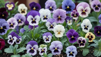 Fototapeta premium Vibrant pansy flowers in bloom showcasing a beautiful array of purple and white petals in a lush garden setting.