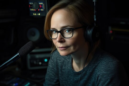 A 40-something white woman with spectacles working as a DJ at a radio station. She is seated in front of a microphone, appearing thoughtful and in deep contemplation as she talks to her audience.