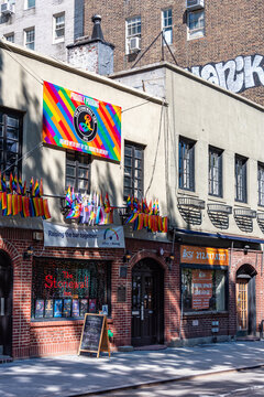 Stonewall Inn, site of the 1969 LGBTQ uprising against police. The Ntl Park Service established the Stonewall Ntl Monument across from it in Christopher Park. Sept. 9, 2019