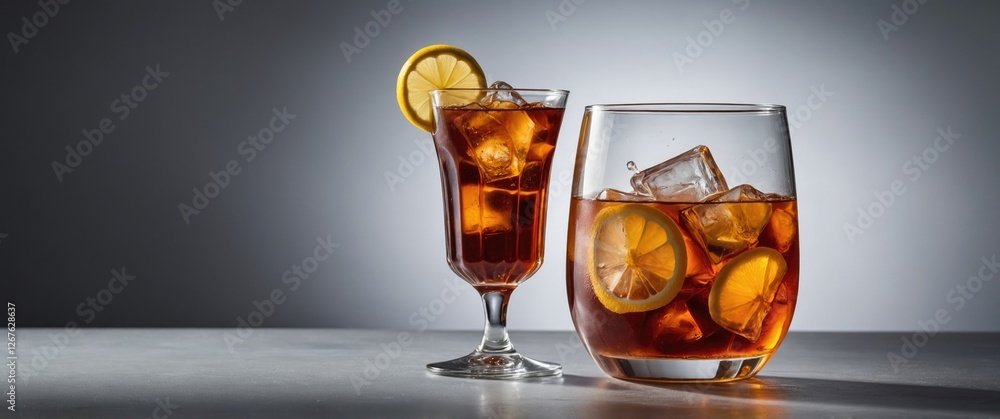 Aufkleber refreshing iced tea in elegant glasses with lemon slices and ice cubes on a soft gray background