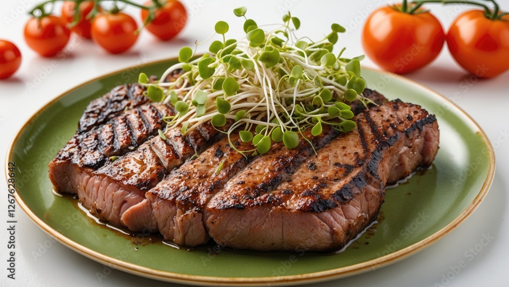 Poster grilled beef steak topped with fresh sprouts served on a green plate with ripe tomatoes on a white b