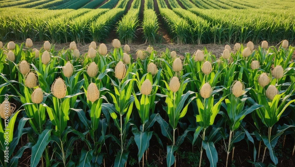 Poster lush green cornfield with ripe ears under summer sun and open space for text overlay in agricultural