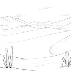 &ldquo;Minimalist Desert Landscape Line Art &ndash; Hand-Drawn Cactus and Mountain Sketch&rdquo;