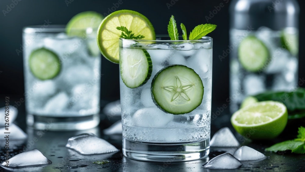 Aufkleber Refreshing Gin Tonic Cocktail with Cucumber and Lime Garnish Surrounded by Ice Cubes on Dark Background with Space for Text