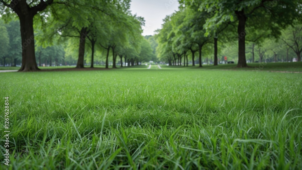Poster lush green grass field in park surrounded by trees with ample space for text or overlay content