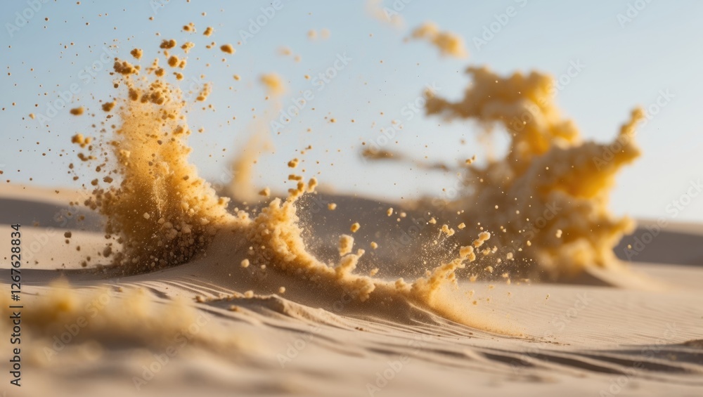Poster golden sand explosion captured in motion with fine grains splashing against a soft background showca