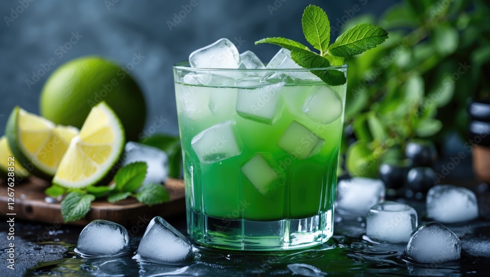 Poster refreshing green beverage with ice cubes in glass surrounded by fresh mint and lime slices on a dark