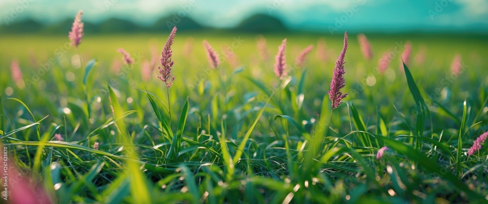 Aufkleber Vibrant Grass Field with Selective Focus and Shallow Depth of Field Providing Ample Space for Text Overlay and Creative Designs