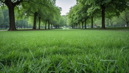 Obraz premium Lush Green Grass Field in Park Surrounded by Trees with Ample Space for Text or Overlay Content